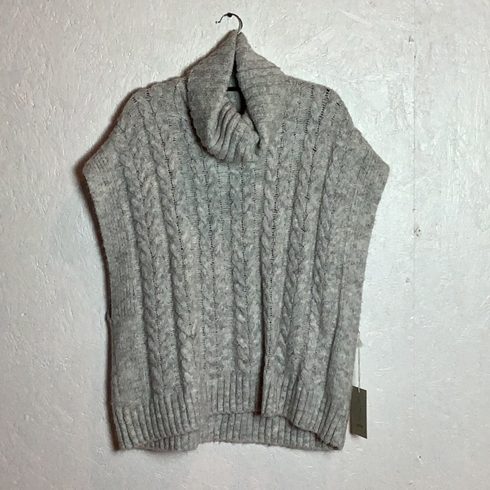 Grey cable knit Joie sleeveless sweater with cowl neck detail